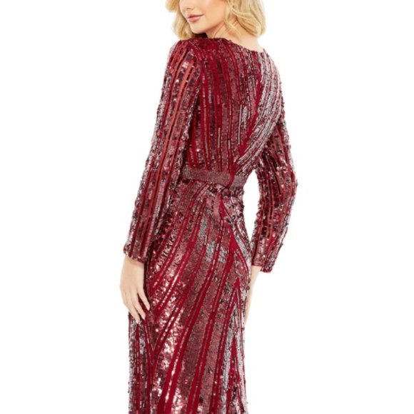 MAC DUGGA 5186 SEQUIN V-NECK LONG SLEEVE BURGUNDY GOWN sz 12 - Picture 4 of 6